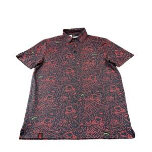 Sunday Swagger Black Red Fireball AOP Performance Gold Polo Size Small Mint